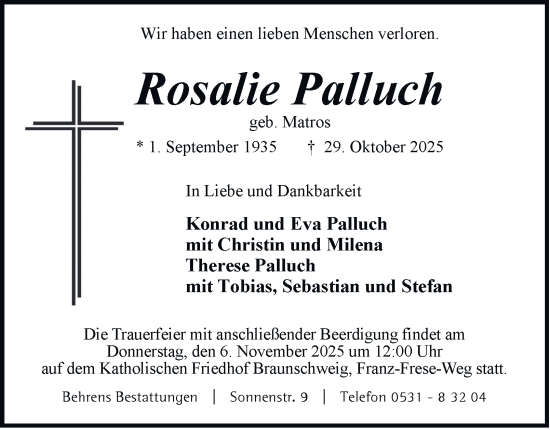 Traueranzeige von Rosalie Palluch von Braunschweiger Zeitung