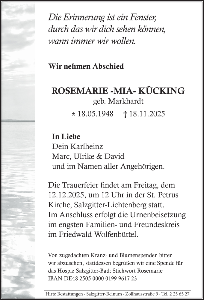  Traueranzeige für Rosemarie Kücking vom 29.11.2025 aus Salzgitter-Zeitung
