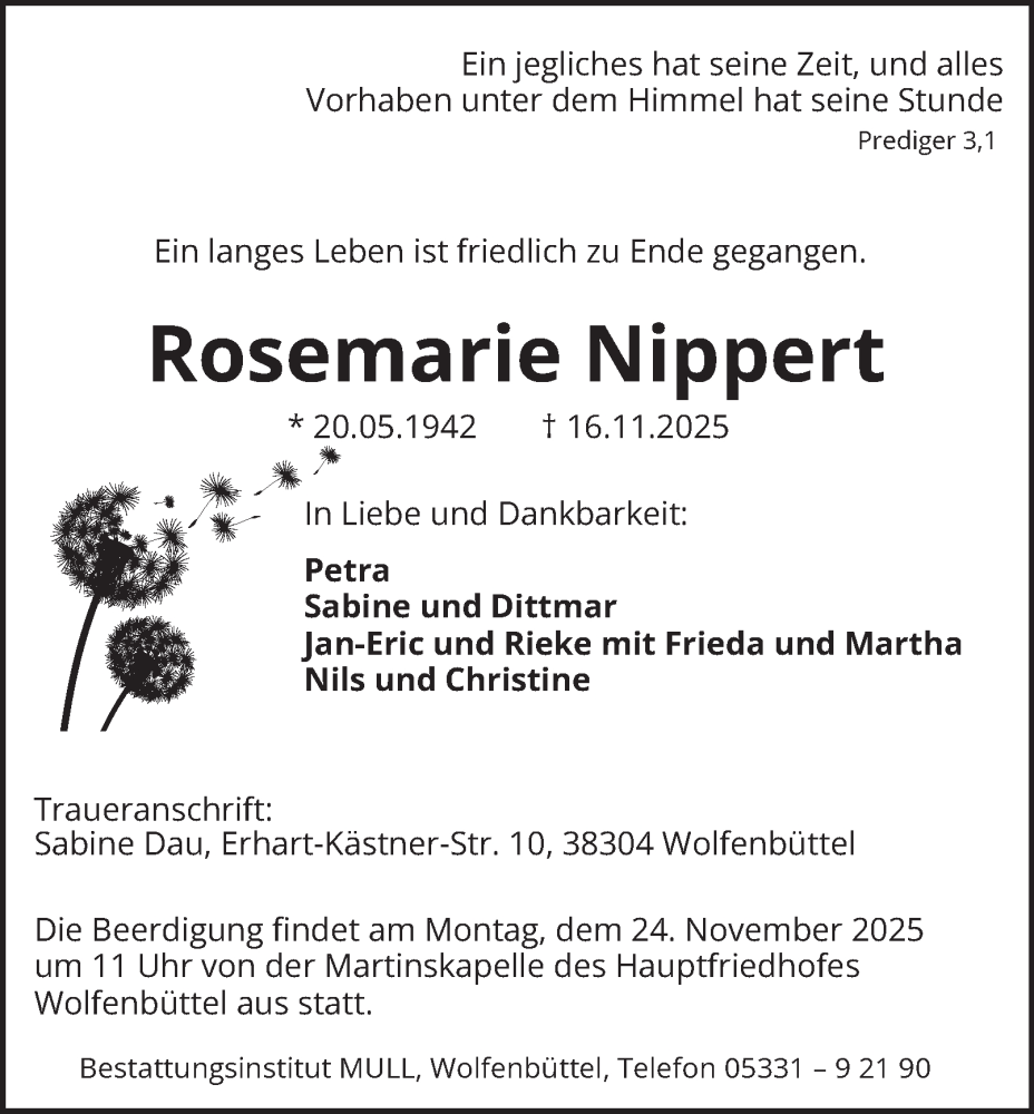  Traueranzeige für Rosemarie Nippert vom 22.11.2025 aus Wolfenbütteler Zeitung