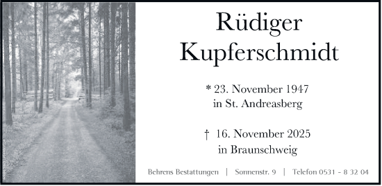 Traueranzeige von Rüdiger Kupferschmidt von Braunschweiger Zeitung