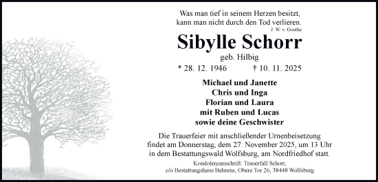 Traueranzeige von Sibylle Schorr von Braunschweiger Zeitung, Wolfsburger Nachrichten