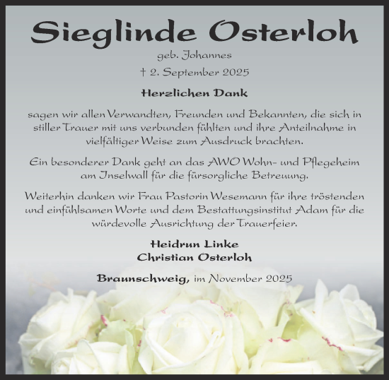 Traueranzeige von Sieglinde Osterloh von Braunschweiger Zeitung