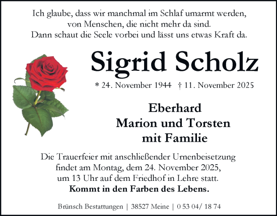 Traueranzeige von Sigrid Scholz von Braunschweiger Zeitung