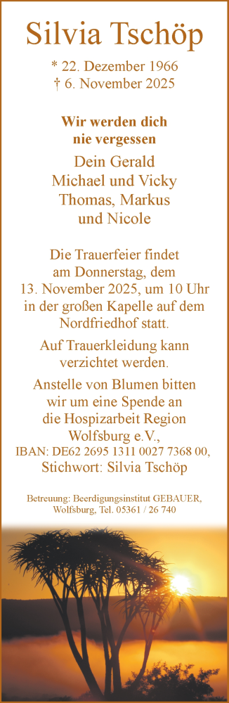 Traueranzeige von Silvia Tschöp von Braunschweiger Zeitung, Wolfsburger Nachrichten