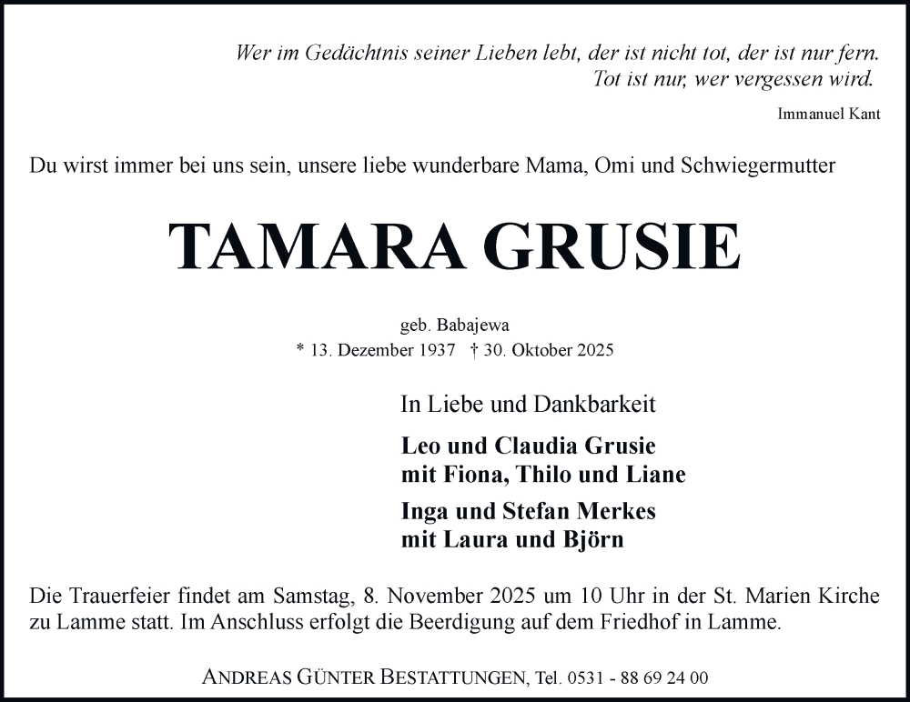  Traueranzeige für Tamara Grusie vom 05.11.2025 aus Salzgitter-Zeitung