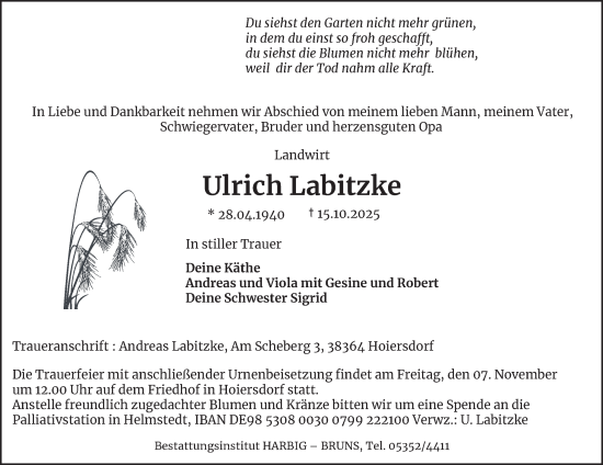 Traueranzeige von Ulrich Labitzke von Helmstedter Nachrichten