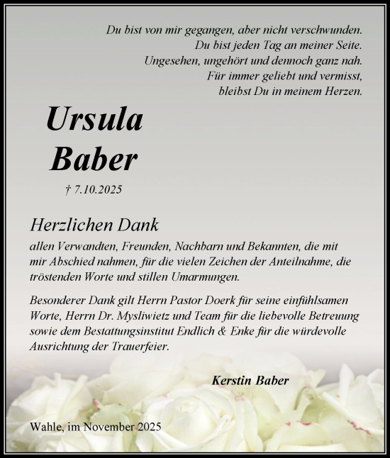 Traueranzeige von Ursula Baber von Peiner Nachrichten