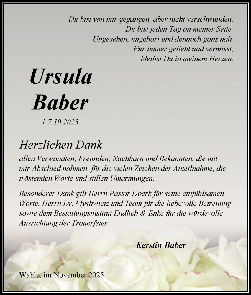  Traueranzeige für Ursula Baber vom 29.11.2025 aus Peiner Nachrichten
