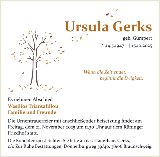 Traueranzeige von Ursula Gerks von Braunschweiger Zeitung