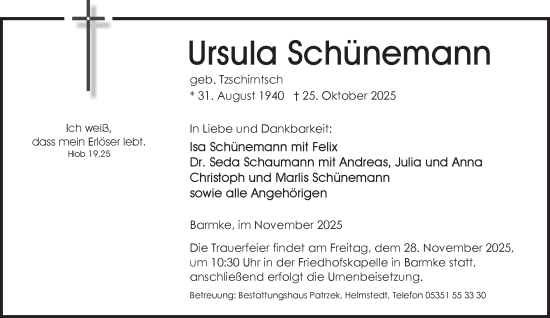 Traueranzeige von Ursula Schünemann von Helmstedter Nachrichten