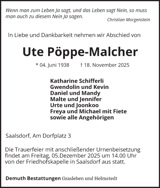 Traueranzeige von Ute Pöppe-Malcher von Braunschweiger Zeitung, Wolfsburger Nachrichten