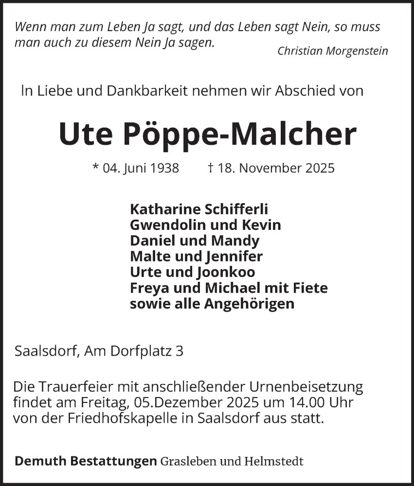  Traueranzeige für Ute Pöppe-Malcher vom 29.11.2025 aus Braunschweiger Zeitung, Wolfsburger Nachrichten