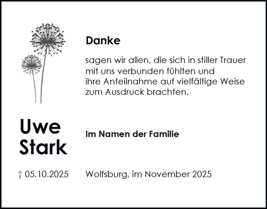 Traueranzeige von Uwe Stark von Braunschweiger Zeitung, Wolfsburger Nachrichten