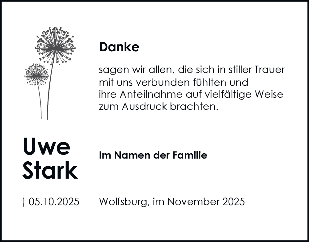  Traueranzeige für Uwe Stark vom 08.11.2025 aus Braunschweiger Zeitung, Wolfsburger Nachrichten