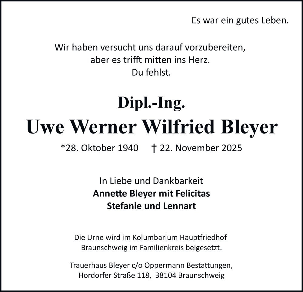  Traueranzeige für Uwe Werner Wilfried Bleyer vom 29.11.2025 aus Braunschweiger Zeitung