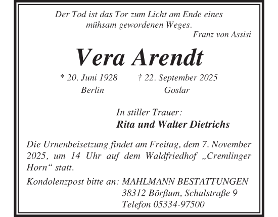Traueranzeige von Vera Arendt von Wolfenbütteler Zeitung