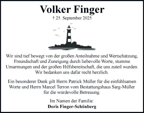 Traueranzeige von Volker Finger von Braunschweiger Zeitung