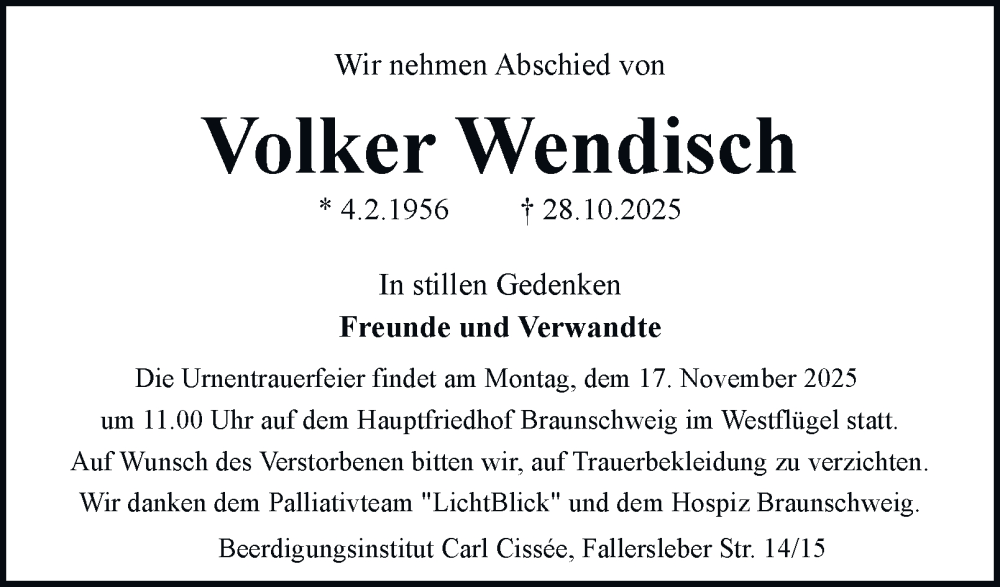  Traueranzeige für Volker Wendisch vom 15.11.2025 aus Braunschweiger Zeitung