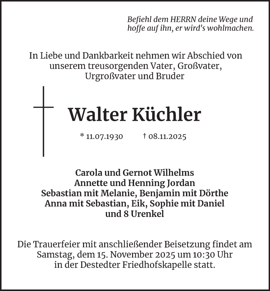  Traueranzeige für Walter Küchler vom 12.11.2025 aus Wolfenbütteler Zeitung