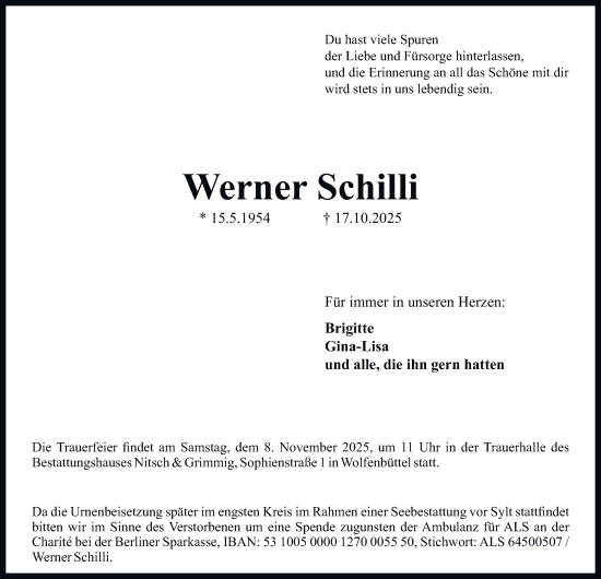 Traueranzeige von Werner Schilli von Braunschweiger Zeitung