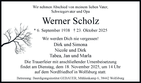 Traueranzeige von Werner Scholz von Braunschweiger Zeitung, Wolfsburger Nachrichten