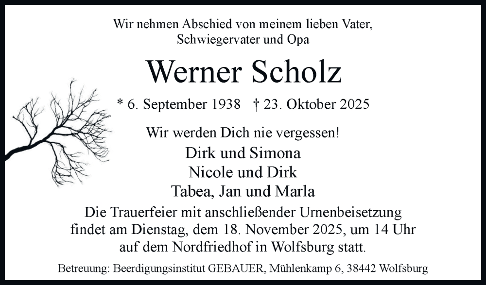  Traueranzeige für Werner Scholz vom 08.11.2025 aus Braunschweiger Zeitung, Wolfsburger Nachrichten