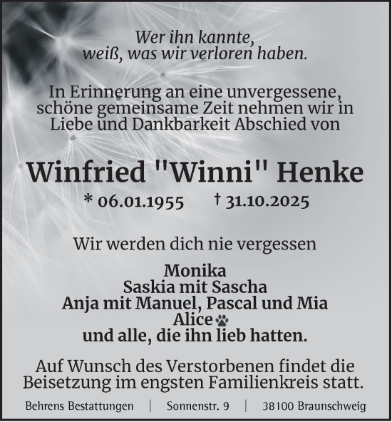 Traueranzeige von Winfried Henke von Braunschweiger Zeitung