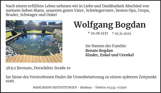Traueranzeige von Wolfgang Bogdan von Wolfenbütteler Zeitung