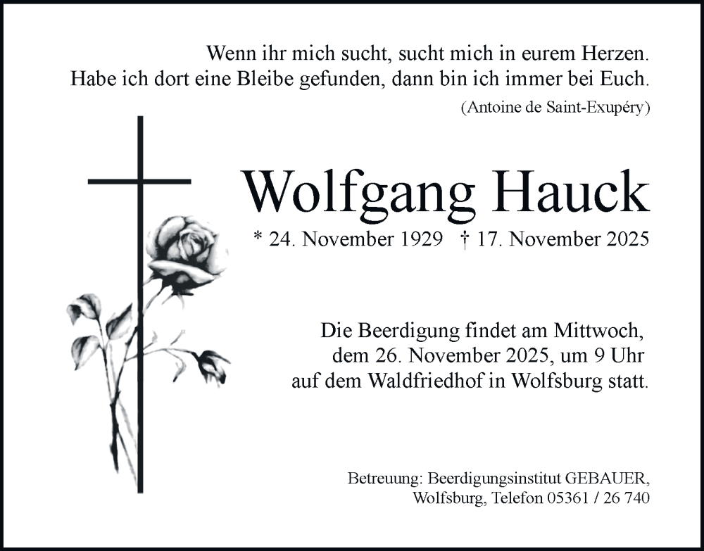  Traueranzeige für Wolfgang Hauck vom 24.11.2025 aus Braunschweiger Zeitung, Wolfsburger Nachrichten