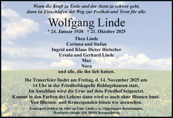 Traueranzeige von Wolfgang Linde von Braunschweiger Zeitung