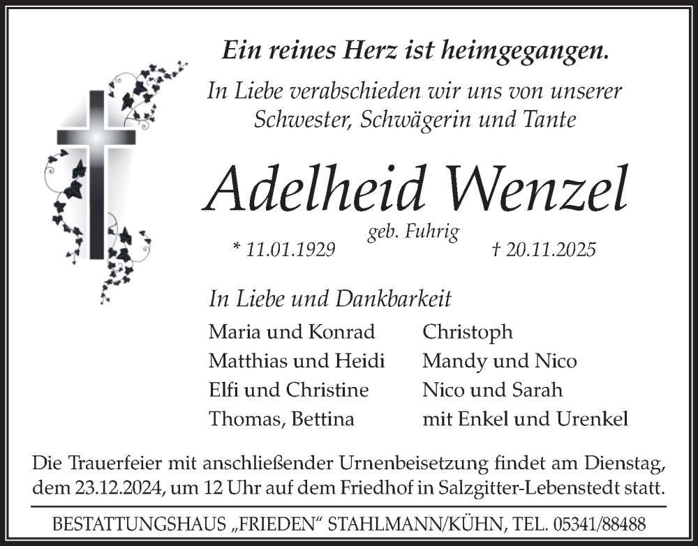  Traueranzeige für Adelheid Wenzel vom 20.12.2025 aus Salzgitter-Zeitung