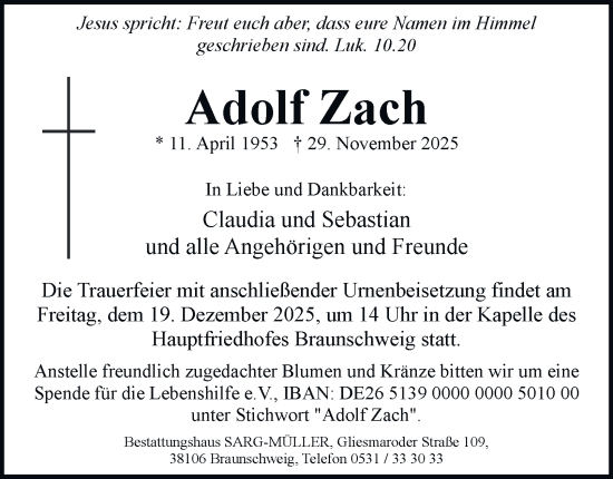 Traueranzeige von Adolf Zach von Braunschweiger Zeitung