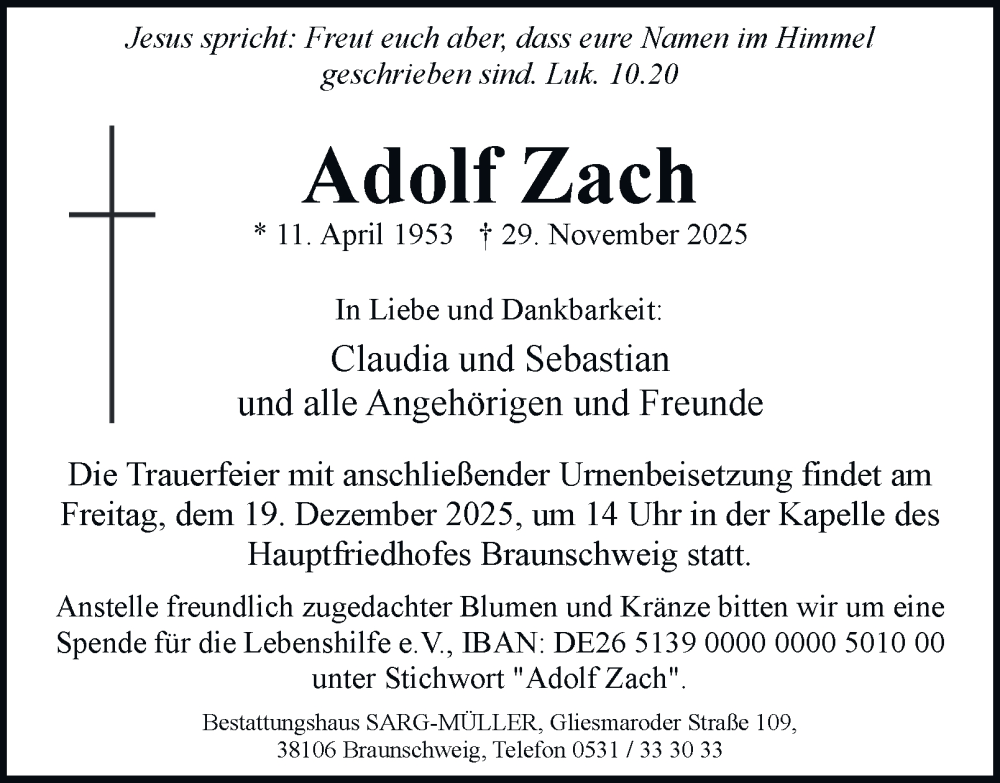  Traueranzeige für Adolf Zach vom 13.12.2025 aus Braunschweiger Zeitung