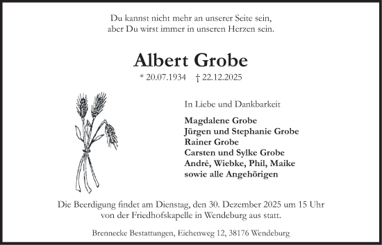 Traueranzeige von Albert Grobe von Peiner Nachrichten
