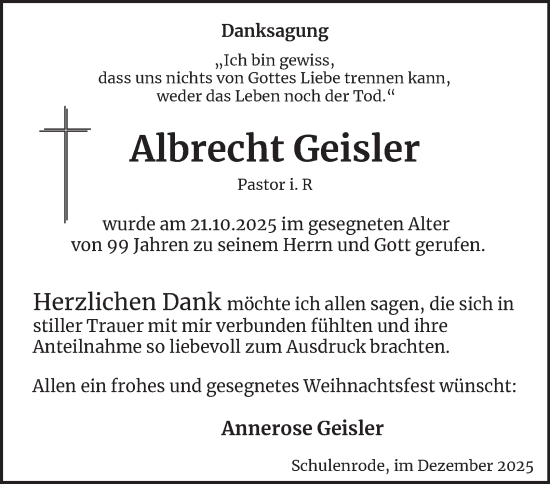 Traueranzeige von Albrecht Geisler von Braunschweiger Zeitung