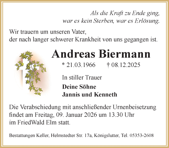 Traueranzeige von Andreas Biermann von Helmstedter Nachrichten