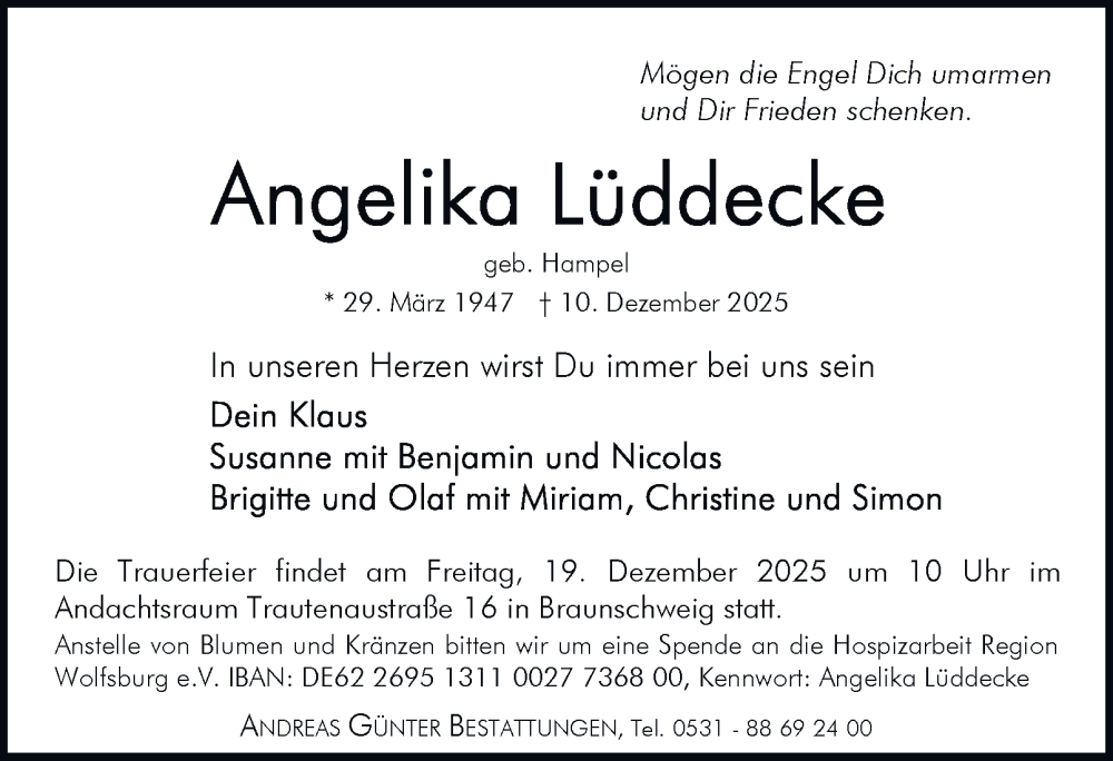  Traueranzeige für Angelika Lüddecke vom 13.12.2025 aus Braunschweiger Zeitung