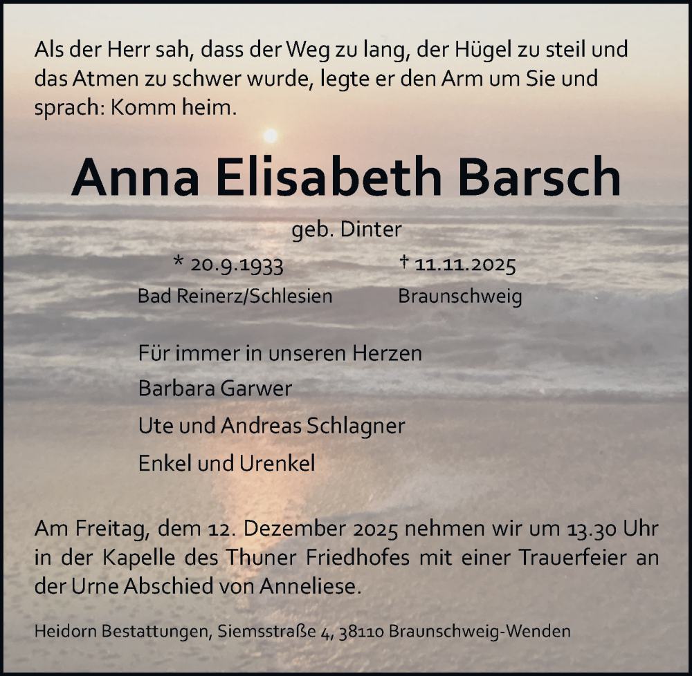  Traueranzeige für Anna Elisabeth Barsch vom 06.12.2025 aus Braunschweiger Zeitung