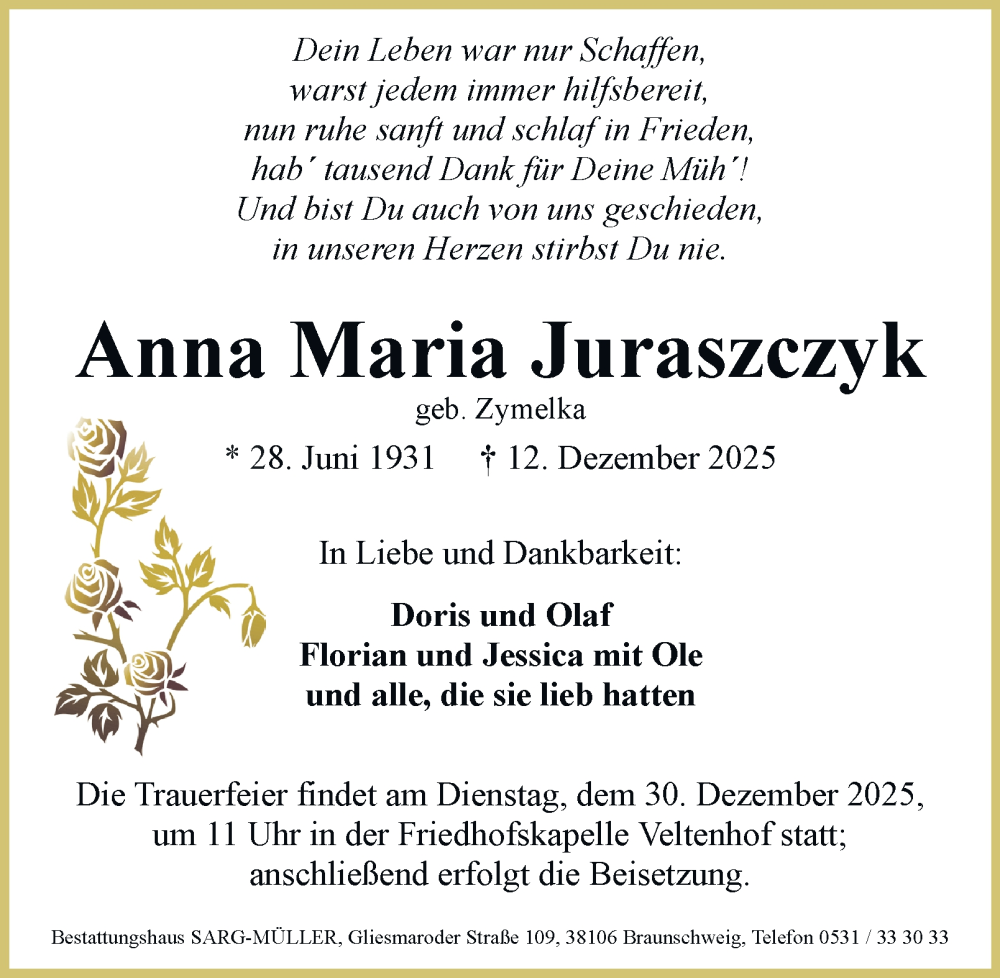  Traueranzeige für Anna Maria Juraszczyk vom 20.12.2025 aus Braunschweiger Zeitung