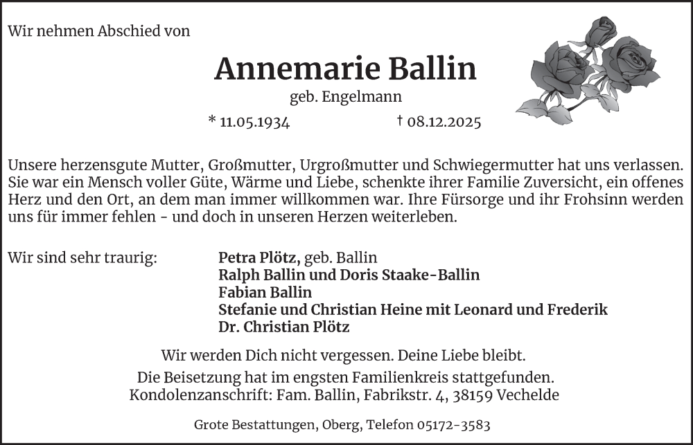  Traueranzeige für Annemarie Ballin vom 20.12.2025 aus Braunschweiger Zeitung