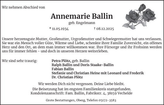 Traueranzeige von Annemarie Ballin von Braunschweiger Zeitung