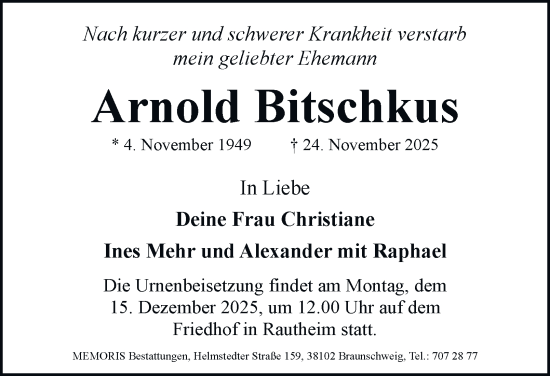 Traueranzeige von Arnold Bitschkus von Braunschweiger Zeitung