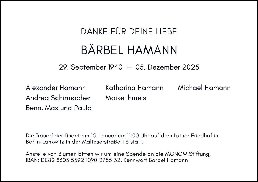  Traueranzeige für Bärbel Hamann vom 24.12.2025 aus Braunschweiger Zeitung