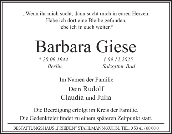 Traueranzeige von Barbara Giese von Salzgitter-Zeitung