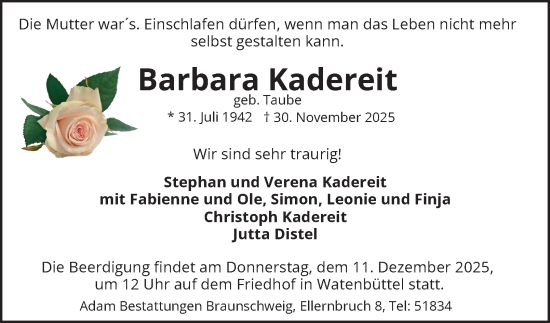 Traueranzeige von Barbara Kadereit von Braunschweiger Zeitung