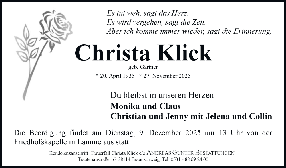  Traueranzeige für Christa Klick vom 06.12.2025 aus Braunschweiger Zeitung