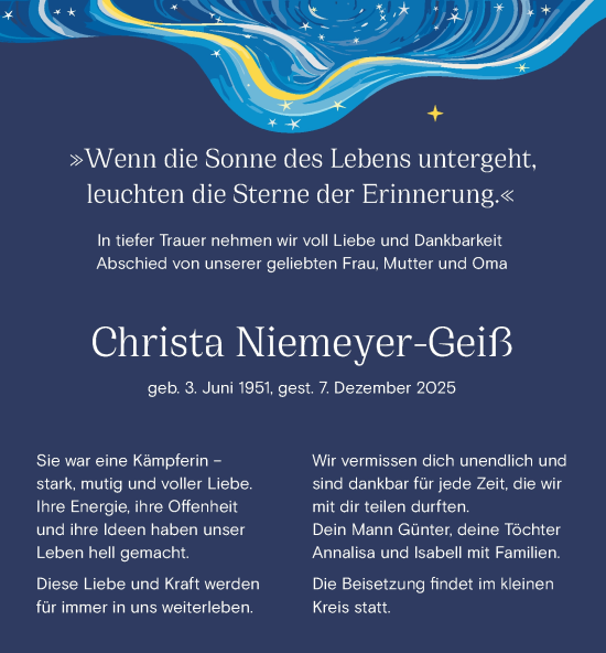 Traueranzeige von Christa Niemeyer-Geiß von Braunschweiger Zeitung