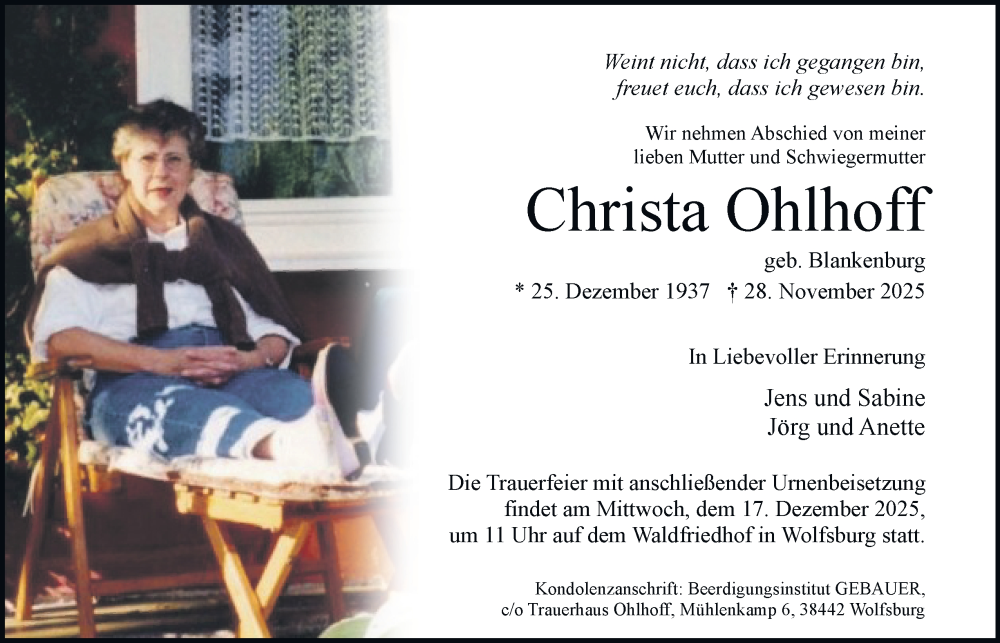  Traueranzeige für Christa Ohlhoff vom 06.12.2025 aus Braunschweiger Zeitung, Wolfsburger Nachrichten