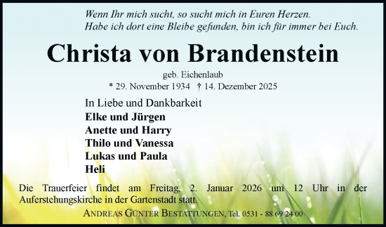 Traueranzeige von Christa von Brandenstein von Braunschweiger Zeitung
