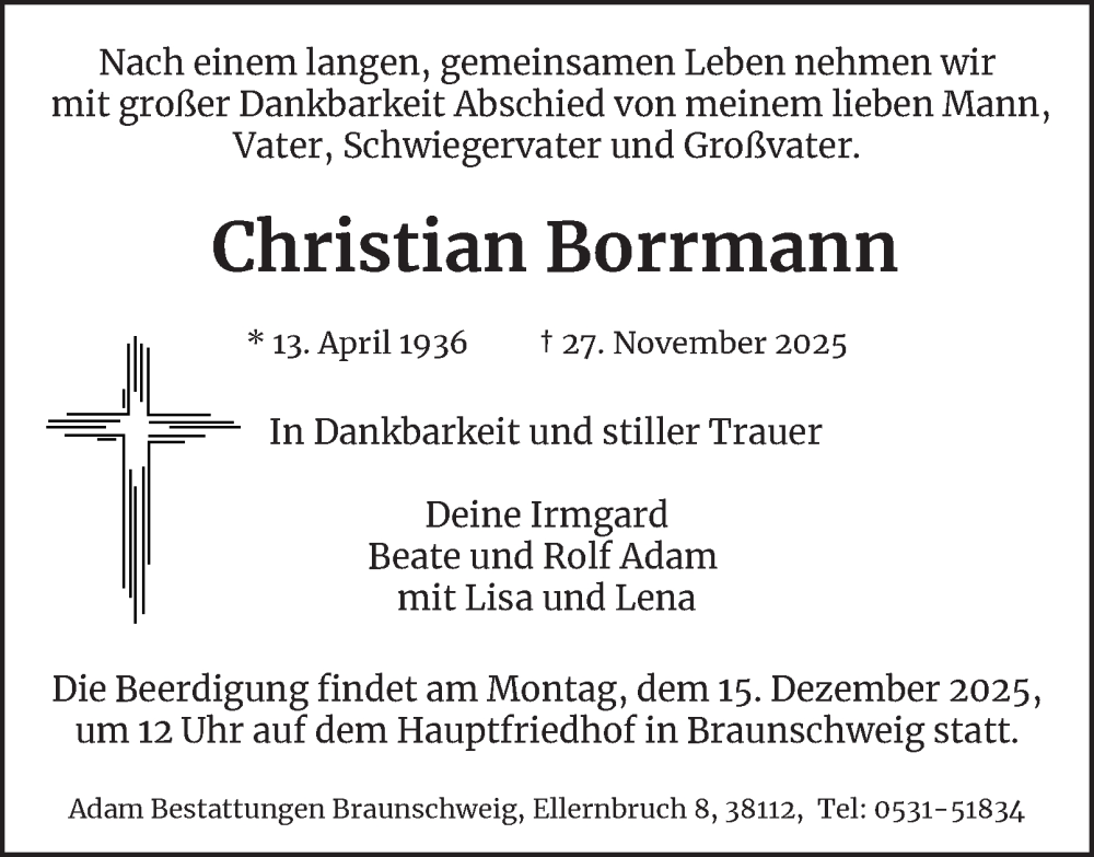  Traueranzeige für Christian Borrmann vom 06.12.2025 aus Braunschweiger Zeitung